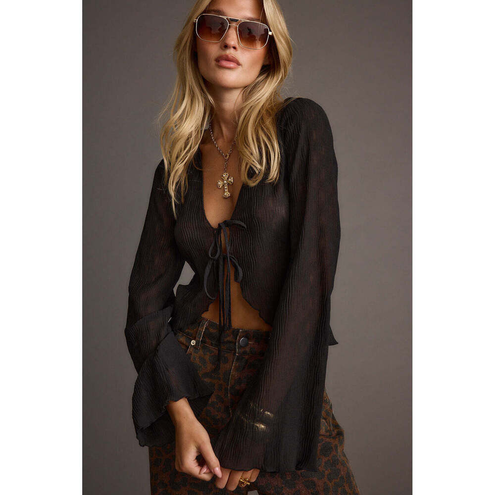 12th Tribe Boulevard Black Long Sleeve Tie Front Blouse Size M